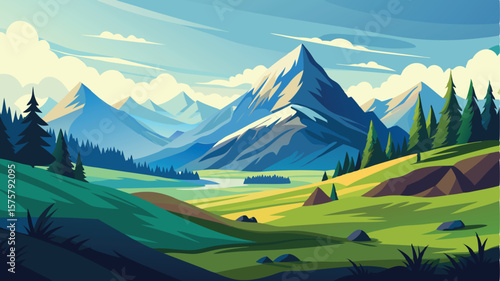 A bright, sunny day illuminates a picturesque mountain landscape with rolling green hills and a clear blue sky