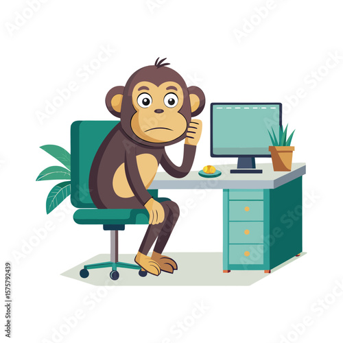 Funny Monkey Daydreaming at Office Cubicle with Feet on Desk, Humorous Business Animal Character Vector Illustration for Productivity, Workplace Humor.