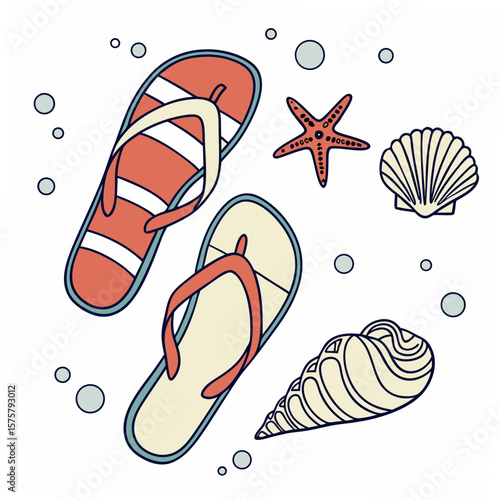 Flip flops starfish seashell bubbles on white conch shell