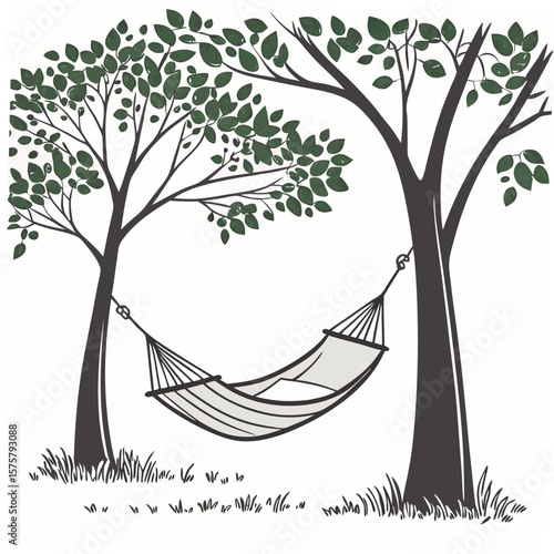 Hammock hanging between trees with green leaves and grass nature