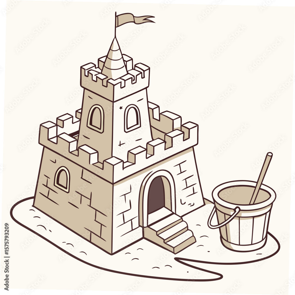 Fototapeta premium Sandcastle with bucket and flag beach summer