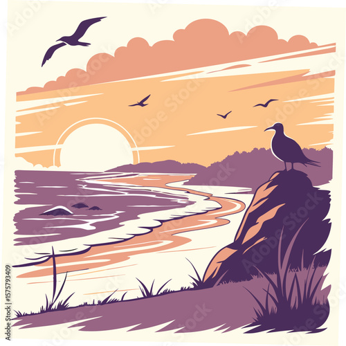 Sunset seascape with seagulls and ocean waves beach