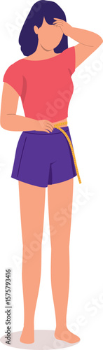 One Unhappy Woman Felt Disappointed After Measuring Her Waistline With A Measurement Tape.