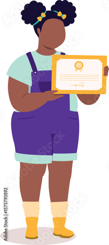 One Chubby Black Little Girl Standing And Showing Her Certificate.