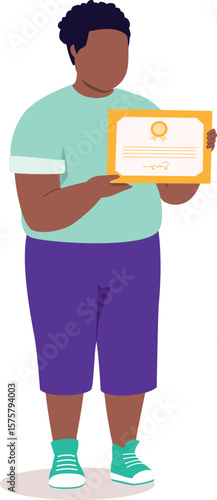 One Chubby Black Little Boy Standing And Showing His Certificate.