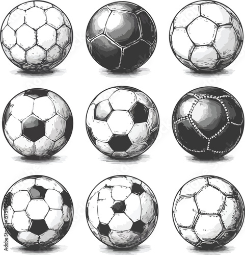 Hand Drawn Soccer Balls Illustration Various Designs Black and White Sketch
