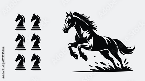 Black and White Horse Leaping Near Chess Knight Pieces Illustration