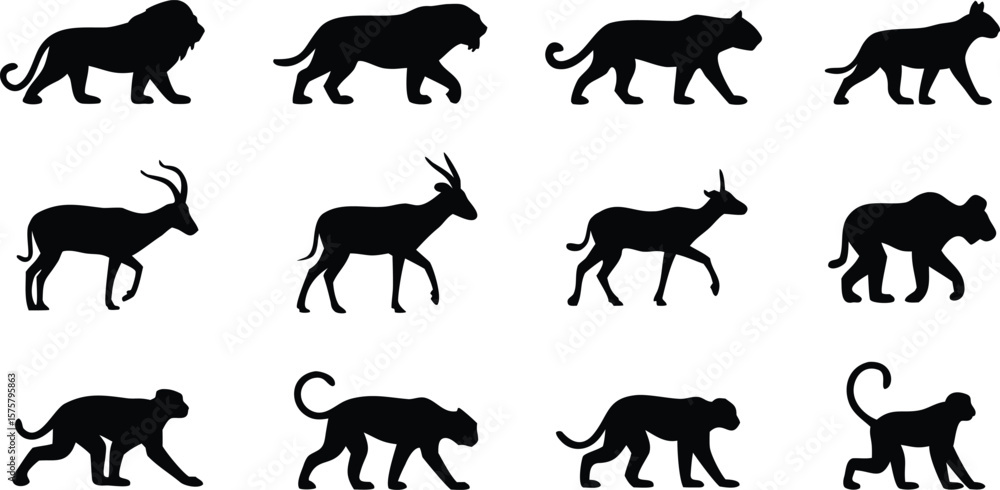Fototapeta premium Black Silhouette Set Featuring Lions, Panthers, Antelopes, and Monkeys on a White Background