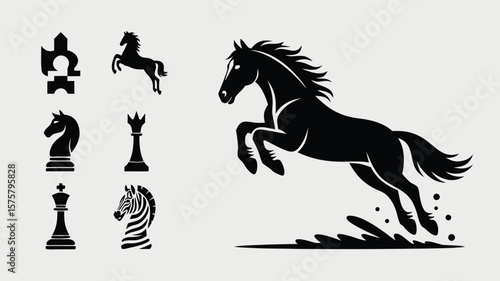 Black Graphics Chess Pieces and Horses, One Zebra Horse, Equestrian and Strategy Elements