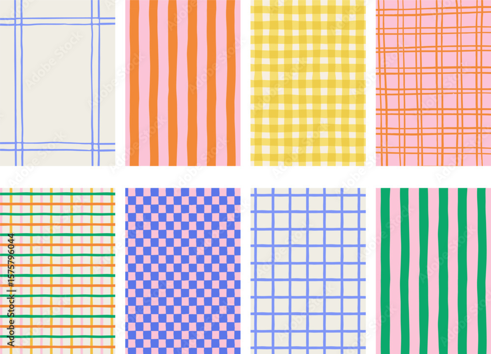 Retro, vintage hand drawn abstract patterned backgrounds. French, Italian style patterns with strips, checkered and plaid vector pattern