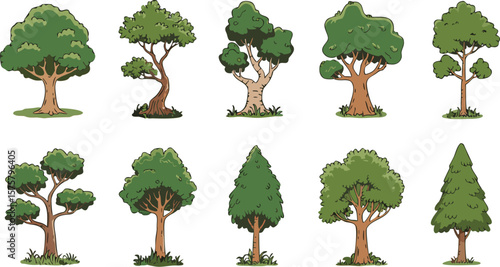 Collection of Ten CartoonStyle Trees with Various Shapes and Shades of Green Foliage