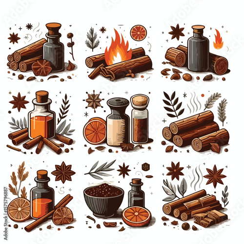 image of the aroma of firewood and spices with a simple and minimalist flat design using a white background