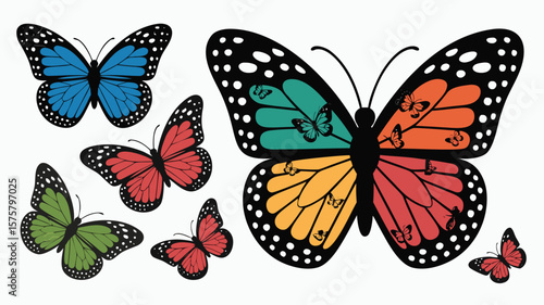 Diverse Array of Colorful Butterfly Illustrations Blue, Green, Red, and HalfColored Monarch, on White Background