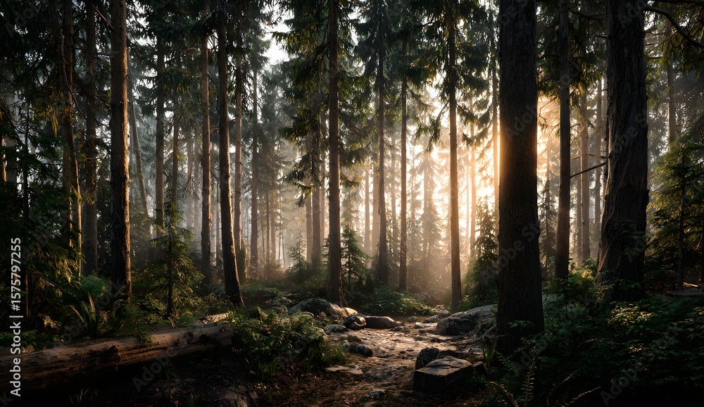 Obraz premium Serene Forest Path Radiates Natural Warmth