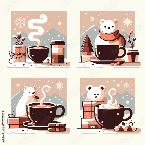 image of smelling the aroma of hot coffee on a snowy morning with a simple and minimalist flat design using a white background