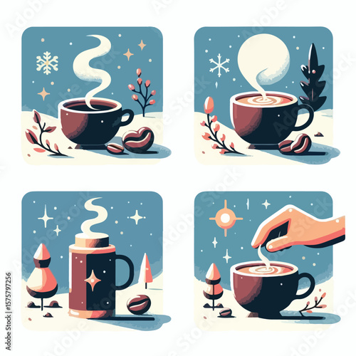 image of smelling the aroma of hot coffee on a snowy morning with a simple and minimalist flat design using a white background