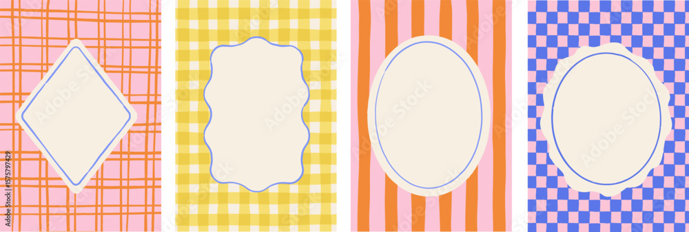 Retro, vintage hand drawn abstract patterned backgrounds and frames. French, Italian style patterns with strips, checkered and plaid vector pattern