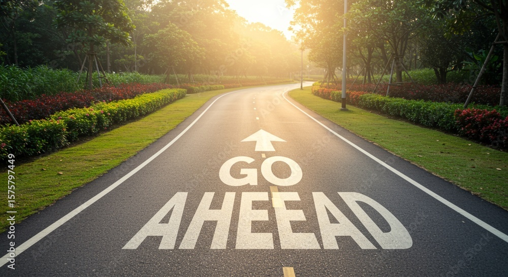 Obraz premium Sunlight on the road with Go Ahead inscription and directional arrow, representing motivation, progress, and a clear path.