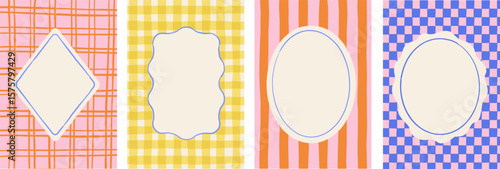Retro, vintage hand drawn abstract patterned backgrounds and frames. French, Italian style patterns with strips, checkered and plaid vector pattern