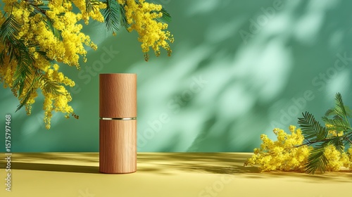 Minimalist wooden cosmetic bottle with mimosa flowers and dappled light on a green background