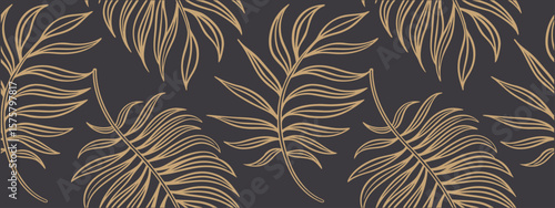 Seamless tropical gold palm leaf pattern on dark background, luxury botanical line art design perfect for wallpapers, fabrics, wrapping paper, prints, and elegant modern home projects.