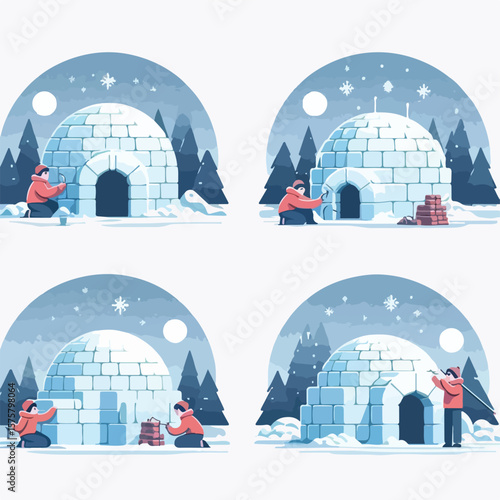 image of making an igloo house with a simple and minimalist flat design using a white background