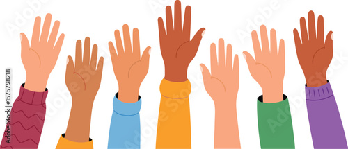 Raised Hands Diverse Colors Illustration, Volunteer Participation, Social Justice, Unity