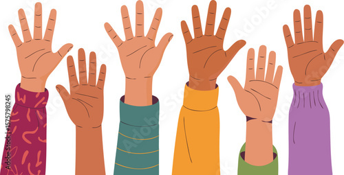 Raised Hands of Diverse People in Colorful Shirts Illustration on White Background