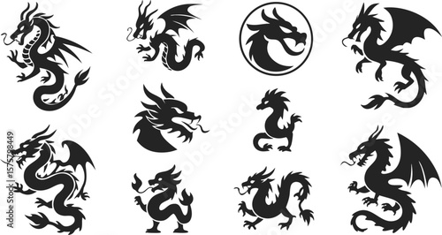 Silhouette Dragon Art Diverse Black Dragon Illustrations on a White Background