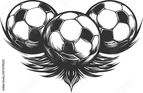 Three soccer balls with decorative element in black and white style