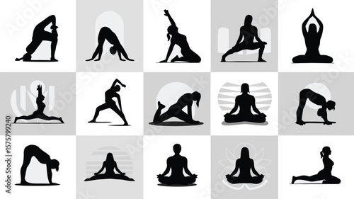 Yoga Poses Silhouettes Set on Geometric Background Wellness, Fitness, Relaxation, and Meditation Practices