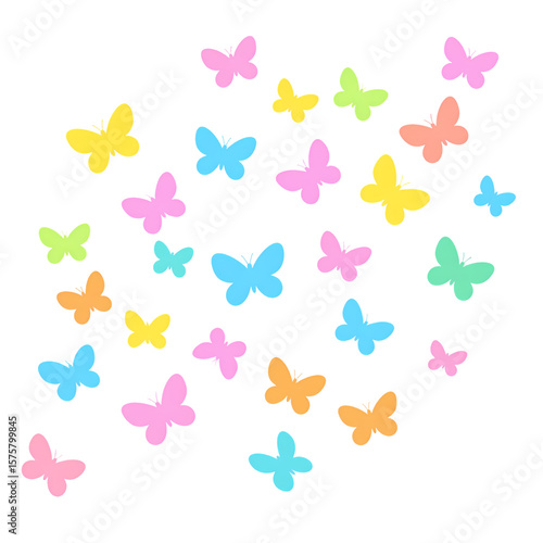 A collection of colorful butterflies in various sizes and shades, scattered on a white background.