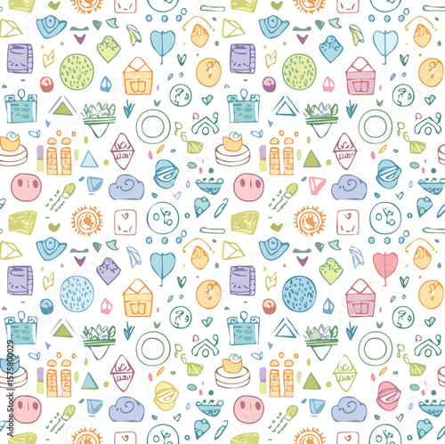 Hand-drawn scribbles and quirky abstract icons repeating 