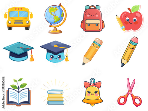 Set of school supplies vector icons including bus, globe, backpack, apple, pencils, books, bell, and scissors. Cute clipart. Educational materials, kids’ content, and back-to-school designs.