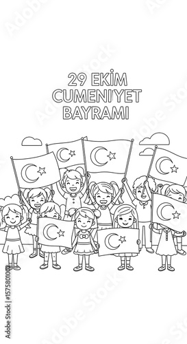 Happy children celebrating republic day in turkey holding turkish flags with crescent moon and star isolated on transparent background