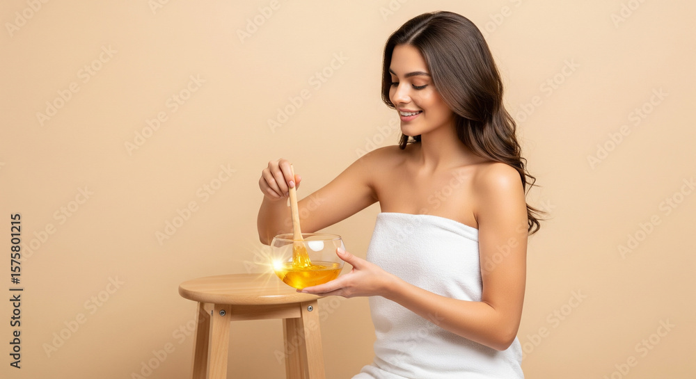 A woman with long, wavy hair smiles as she stirs golden wax in a clear bowl using a wooden stick. A woman with long, wavy hair smiles as she stirs golden wax in a clear bowl using a wooden stick.
