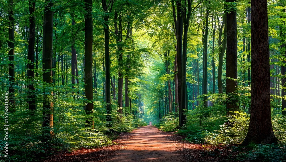 Obraz premium Forest Path Leading Through Sunlight Dappled Greenery