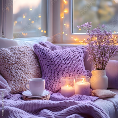 Cozy Lavender Window Seat Hygge Scene with Candles and Knit Pillows