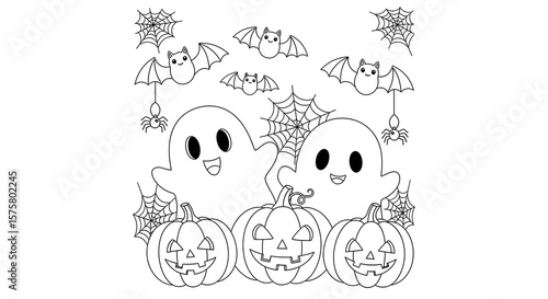 Cute cartoon halloween ghosts bats pumpkins and spiders isolated on transparent background