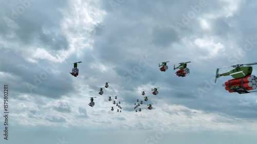 A swarm of autonomous AI kamikaze drones, armed with high explosives, flying overhead in active pursuit of enemy targets across the battlefield below.