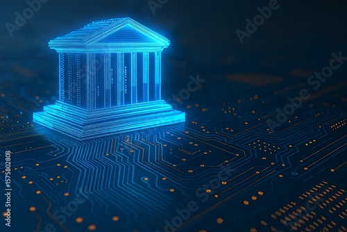 Digital Banking Architecture: A Futuristic Blue Building on a Circuit Board Represents Modern Financial Technology and Network Security Systems