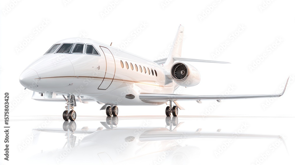 Private jet in modern design, shiny white body with minimal markings, captured in angled perspective, isolated on clean white background, luxury travel concept Private jet in modern design, shiny white body with minimal markings, captured in angled perspective, isolated on clean white background, luxury travel concept