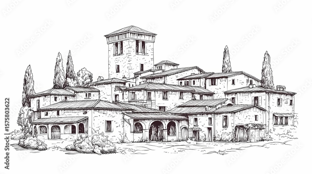 Obraz premium Hand-drawn illustration of a picturesque village.