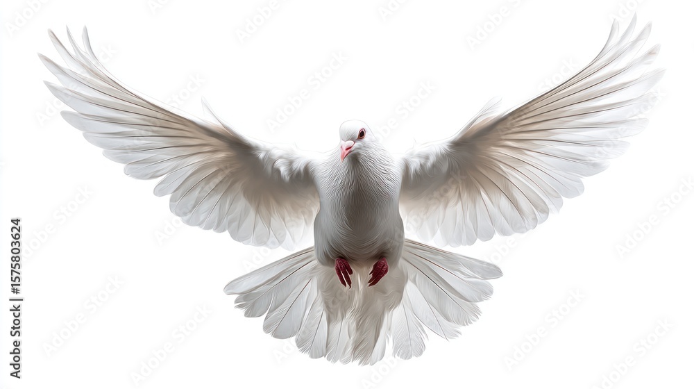 Obraz premium White dove in mid-flight with wings fully spread, feathers detailed and glowing slightly, isolated on pure white background, symbol of peace and freedom