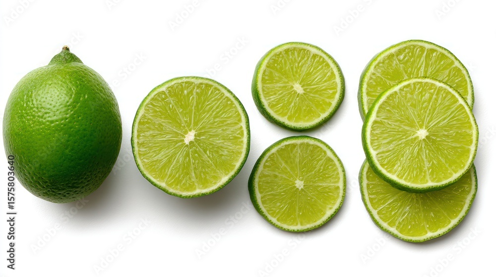 Whole green lime, one half and several thin slices arranged neatly, isolated on pure white background, juicy texture and bright color, high-resolution food image Whole green lime, one half and several thin slices arranged neatly, isolated on pure white background, juicy texture and bright color, high-resolution food image