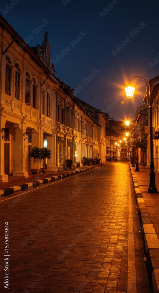Fototapeta premium Serene Night in Historic Street of Old Town, Cobblestone Road Illuminated by Golden Lights, Architectural Gems at Twilight