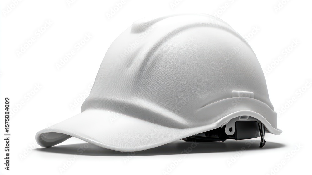 Fototapeta premium Side view of white hard cap with smooth matte finish, chin strap folded, realistic lighting, clean composition with large copy space on pure white background