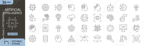 Artificial Intelligence editable line icons set. Includes icons for brain, neural network, machine learning, automation, robot, data analysis, and algorithm. Editable stroke. Perfect for infographics.