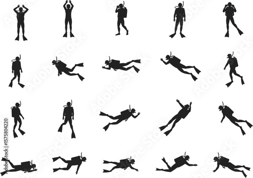 Silhouettes of scuba divers in various underwater poses, diving equipment, snorkeling gear, swimming, exploring ocean depths, adventure, marine life, aquatic sport, freedom