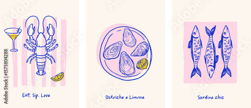 Mediterranean italian seafood, fish, sardines, lobster illustrations